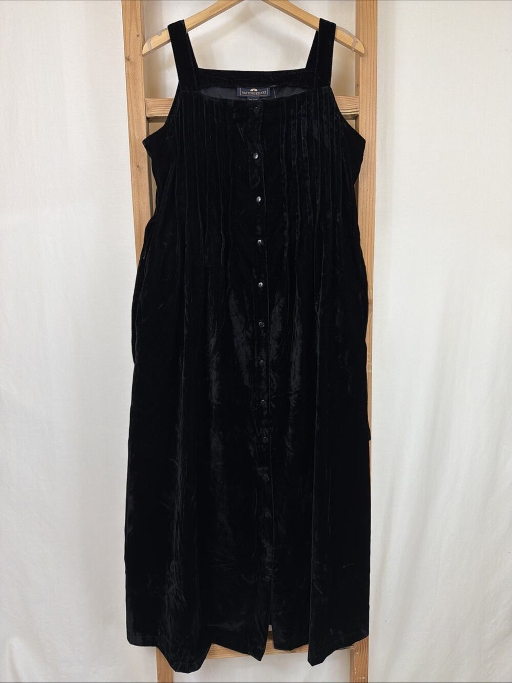 Vintage British Khaki Black Velvet Straps Button Up Maxi Dress #1454 Size 12